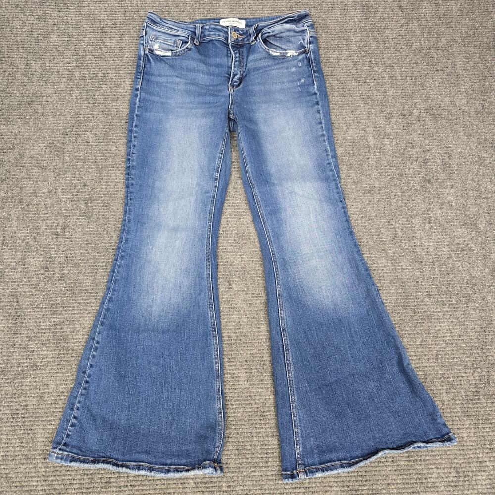 Flying Monkey Mid Rise Flare Jeans Womens 30x29 Blue Distressed Stretch Denim